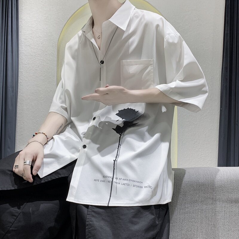 2021新款港风白色宽松衬衣短袖衬衫A061-C8012-P45,男装衬衫,电商A061