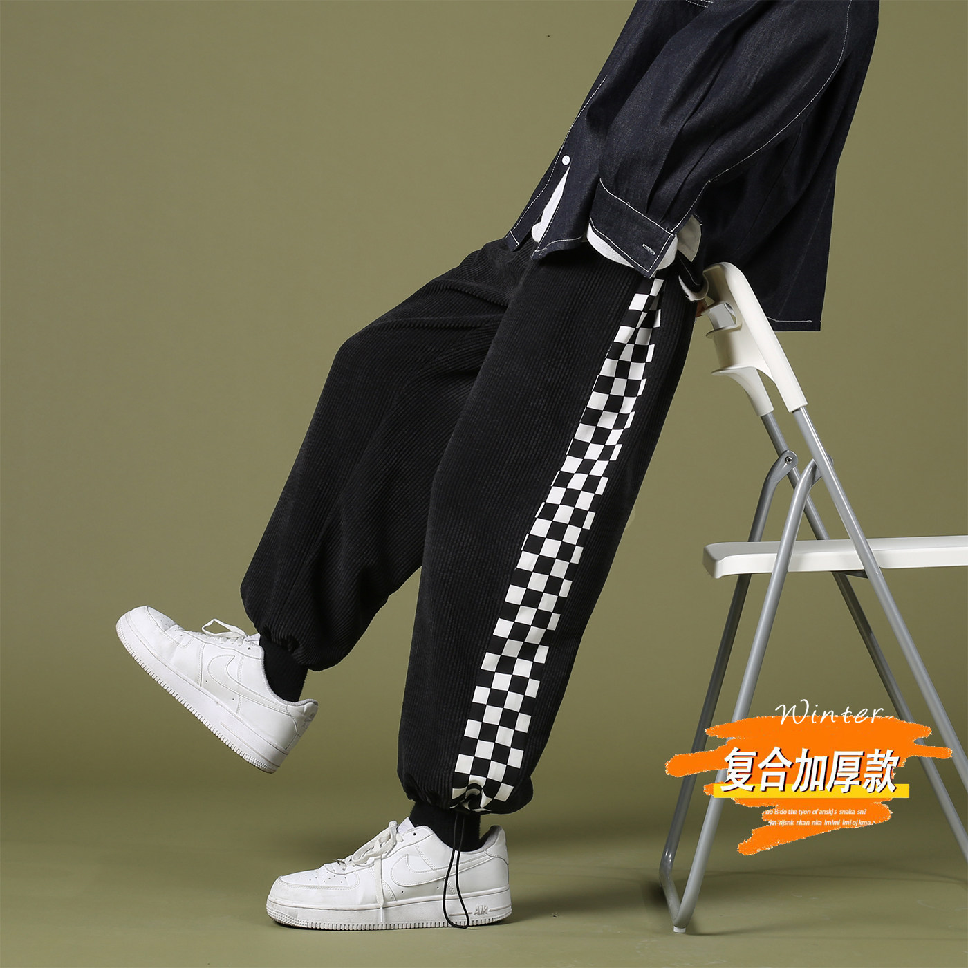 2021秋冬款绿墙加绒灯芯绒灰色2卫裤运动裤A061,男装休闲裤,电商A061