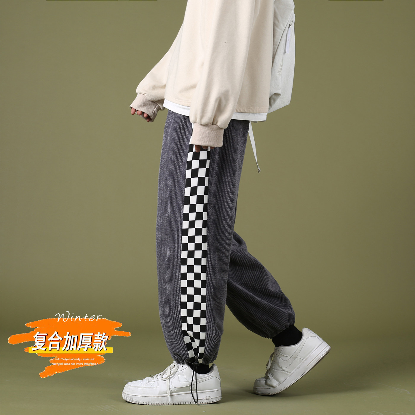2021秋冬款 绿墙加绒灯芯绒灰色2卫裤运动裤A061图片