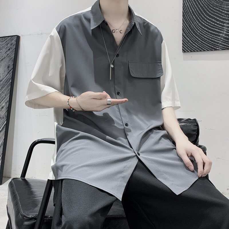 2021新款港风黑白宽松衬衣短袖衬衫A0061-C8015,男装衬衫,电商A061