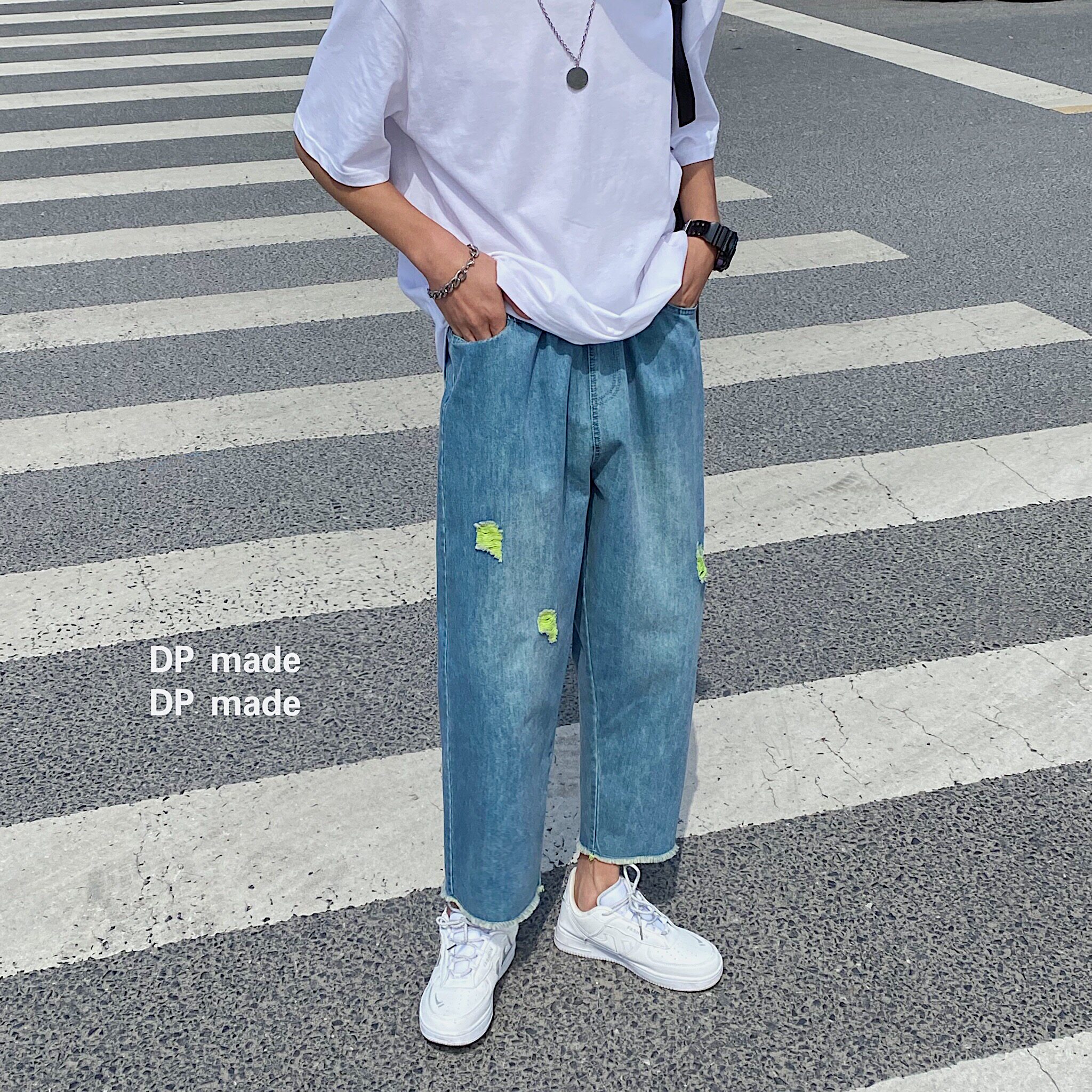 2021新款港风绿色破洞宽松直筒休闲牛仔裤A061,男装牛仔裤,电商A061