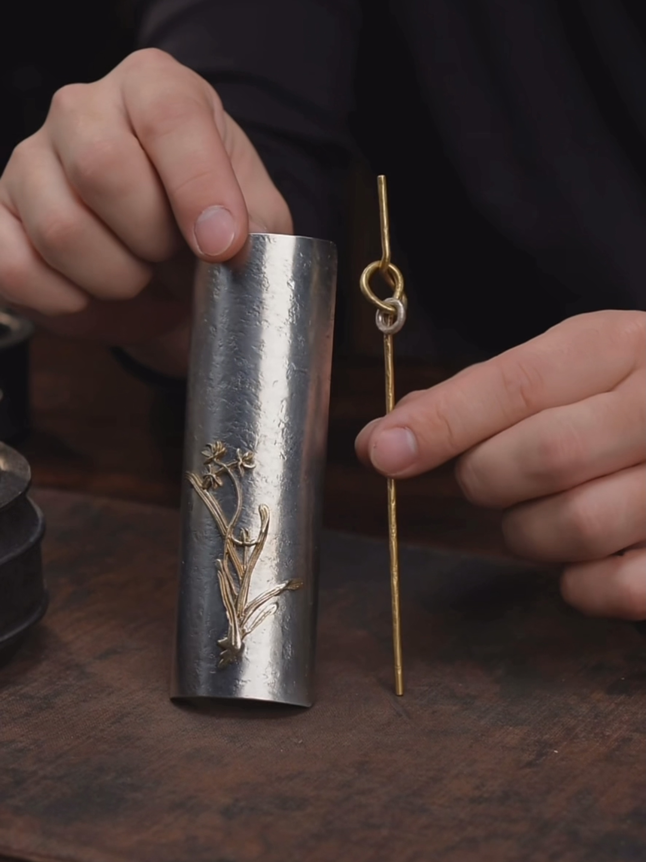 纯锡茶则铜茶拨纯银茶道零配手工兰花茶则黄铜茶针一套