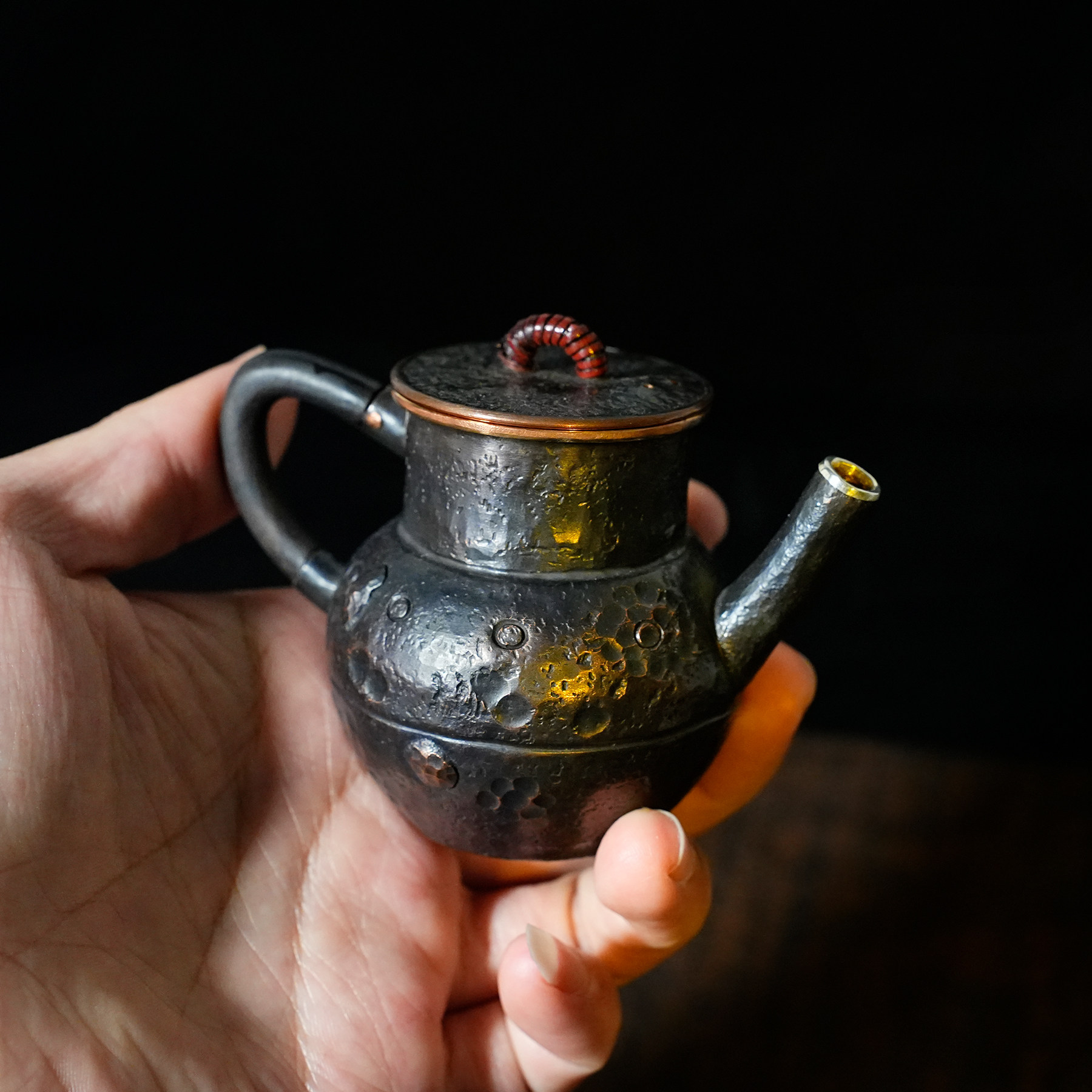 85cc全手工一张打正把小铜壶小泡壶包银边岩茶泡壶姹寂风银嘴茶壶