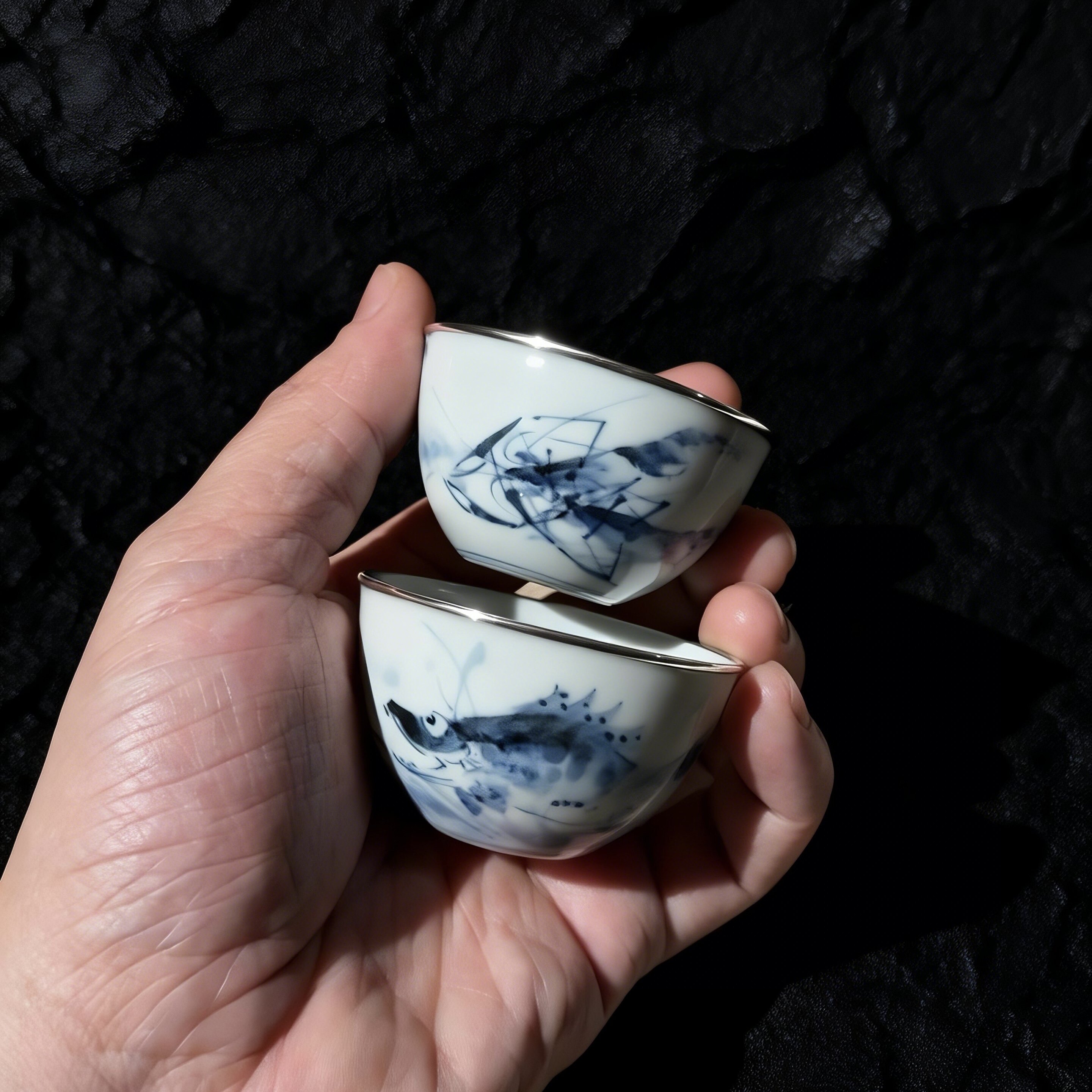 青花手绘釉下彩虾杯鱼藻杯包银口超薄胎潮汕工夫茶蛋壳杯满45