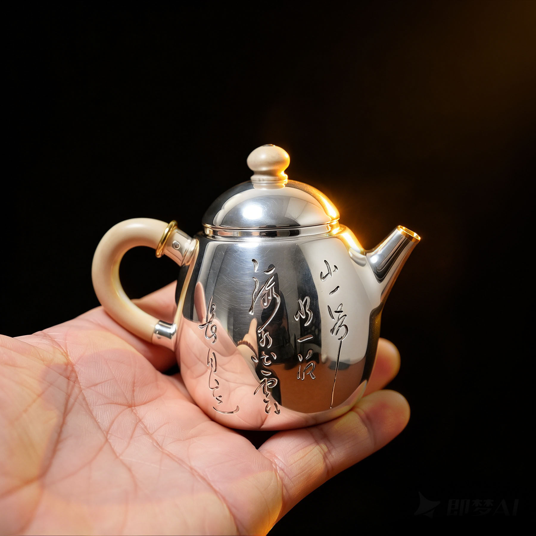 85ml 足银泡茶壶包金嘴 龙蛋小银壶功夫茶器镜面文人银壶猛犸盖钮