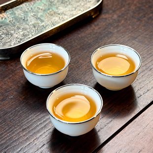 潮汕工夫茶茶杯白瓷素胎包银口主人杯胞胎蛋壳杯功夫茶杯子25cc