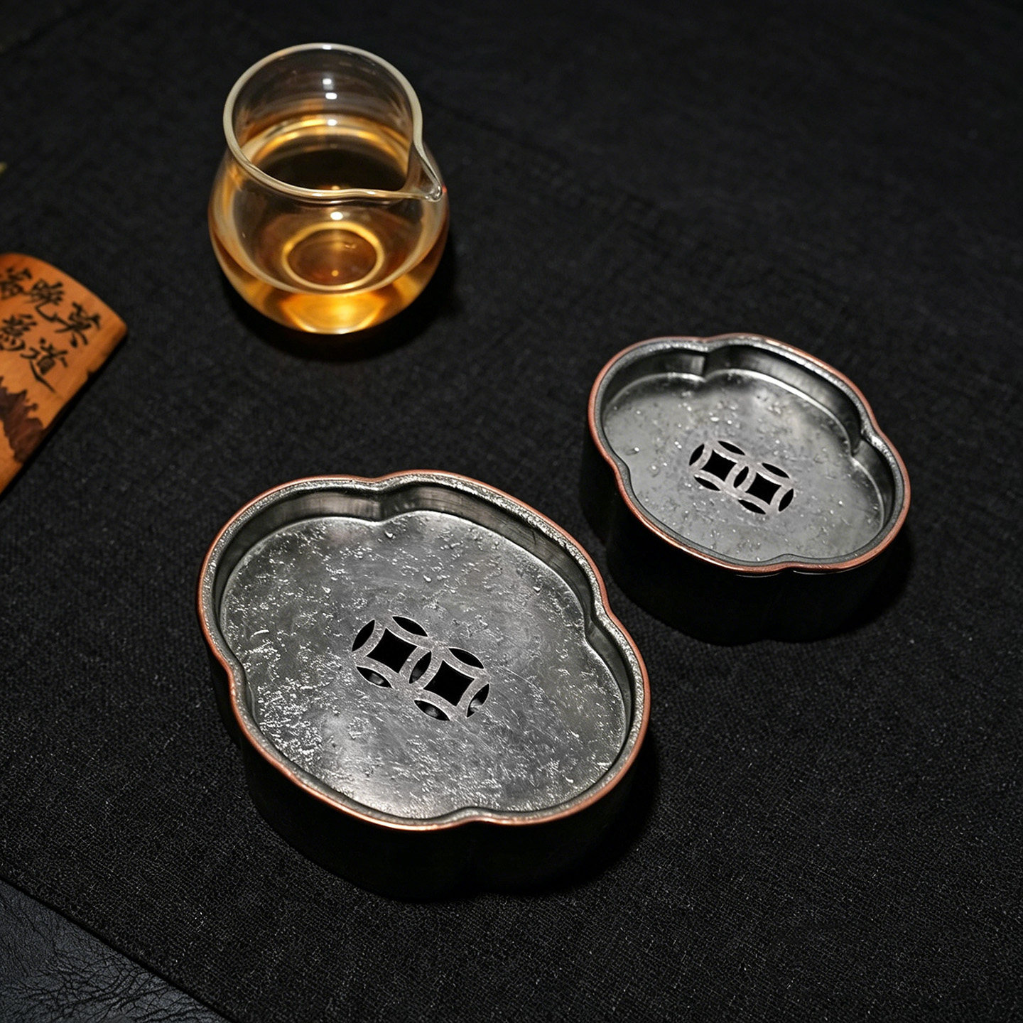 包铜边海棠茶船纯锡小号茶盘