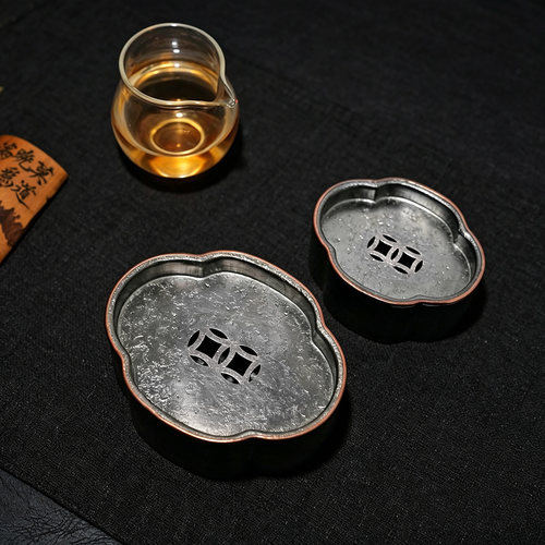 包铜边海棠茶船纯锡小号茶盘