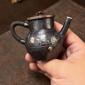 85cc全手工一张打正把小铜壶小泡壶包银边岩茶泡壶姹寂风银嘴茶壶