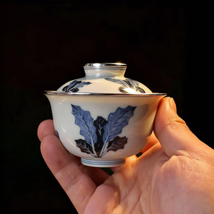 景德镇手绘青花百财白菜盖碗包银口功夫茶泡茶青花瓷内外绘125ml