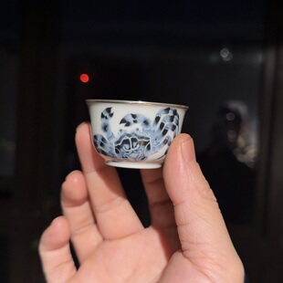 手绘墨色青花螃蟹杯包银口釉下彩踏水小杯子潮汕工夫茶一口杯30cc
