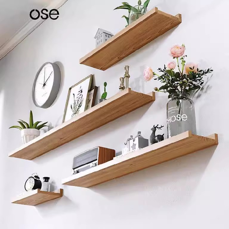 上墙一字隔搁板窄置物架客厅餐厅装饰品摆件架原木风壁挂展示书架