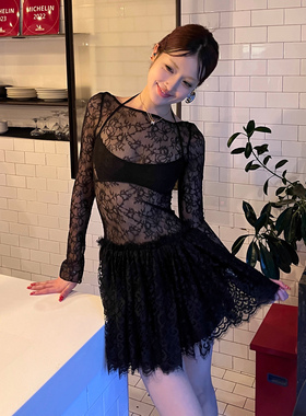 CSFC黑天鹅蕾丝裙里衬双层正反两穿小众设计师黑色连衣裙夏季裙