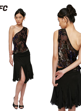 CSFC 丝绒烧花真丝斜肩无袖上衣 新中式上衣度假上衣夏季