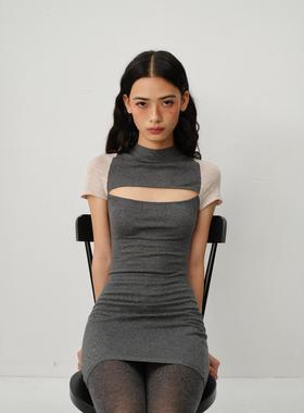 文艺神秘羊毛连衣裙 CSFC复古开胸设计拼色针织连衣裙