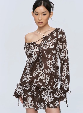 CSFC 豹纹花瓣印花雪纺长袖连衣裙罩衫 自系调节带裙子夏