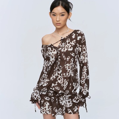 CSFC豹纹花瓣印花雪纺长袖连衣裙