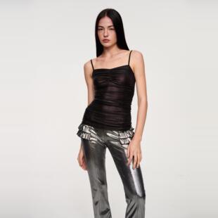 我来参加派对我跳舞CSFC黑色质感光面抽褶吊带显瘦显窄