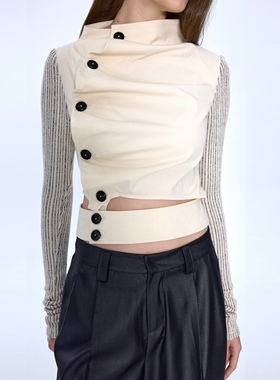 CSFC 立领褶皱门襟廓形衬衫 拼接纹理针织长袖 米白