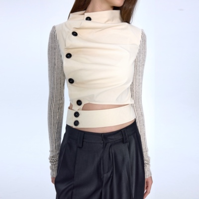 CSFC 立领褶皱门襟廓形衬衫 拼接纹理针织长袖 米白