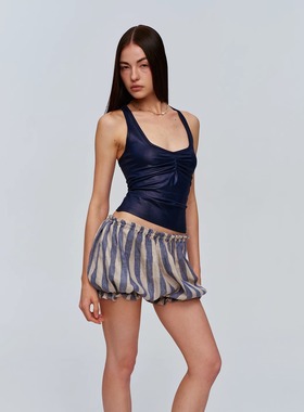 CSFC 皮感针织深蓝色吊带上衣夏 显胸塑身