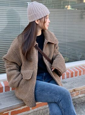 韩国拉链大口袋羊羔毛夹克外套女