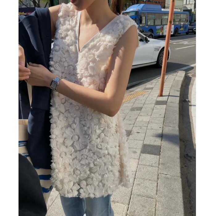 韩国立体花朵V领背心连衣裙上衣