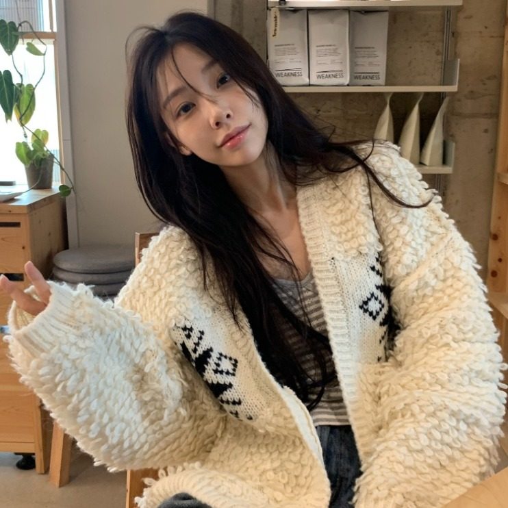韩国提花重工毛圈针织开衫外套女