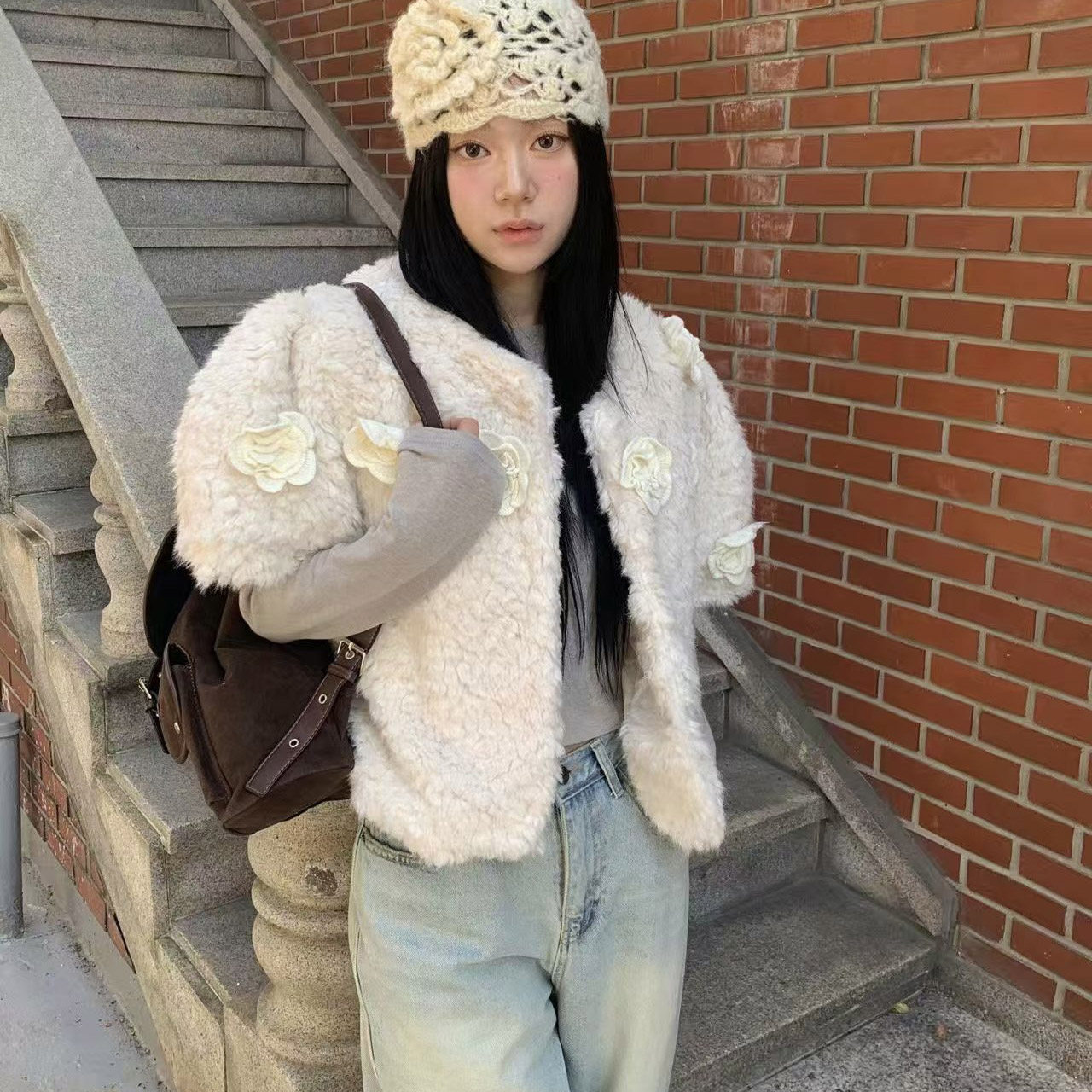 韩国花朵仿羊羔毛毛毛皮草外套女