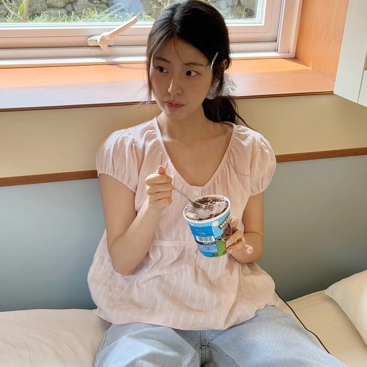 韩国鸡心领泡泡袖套头上衣衬衫女