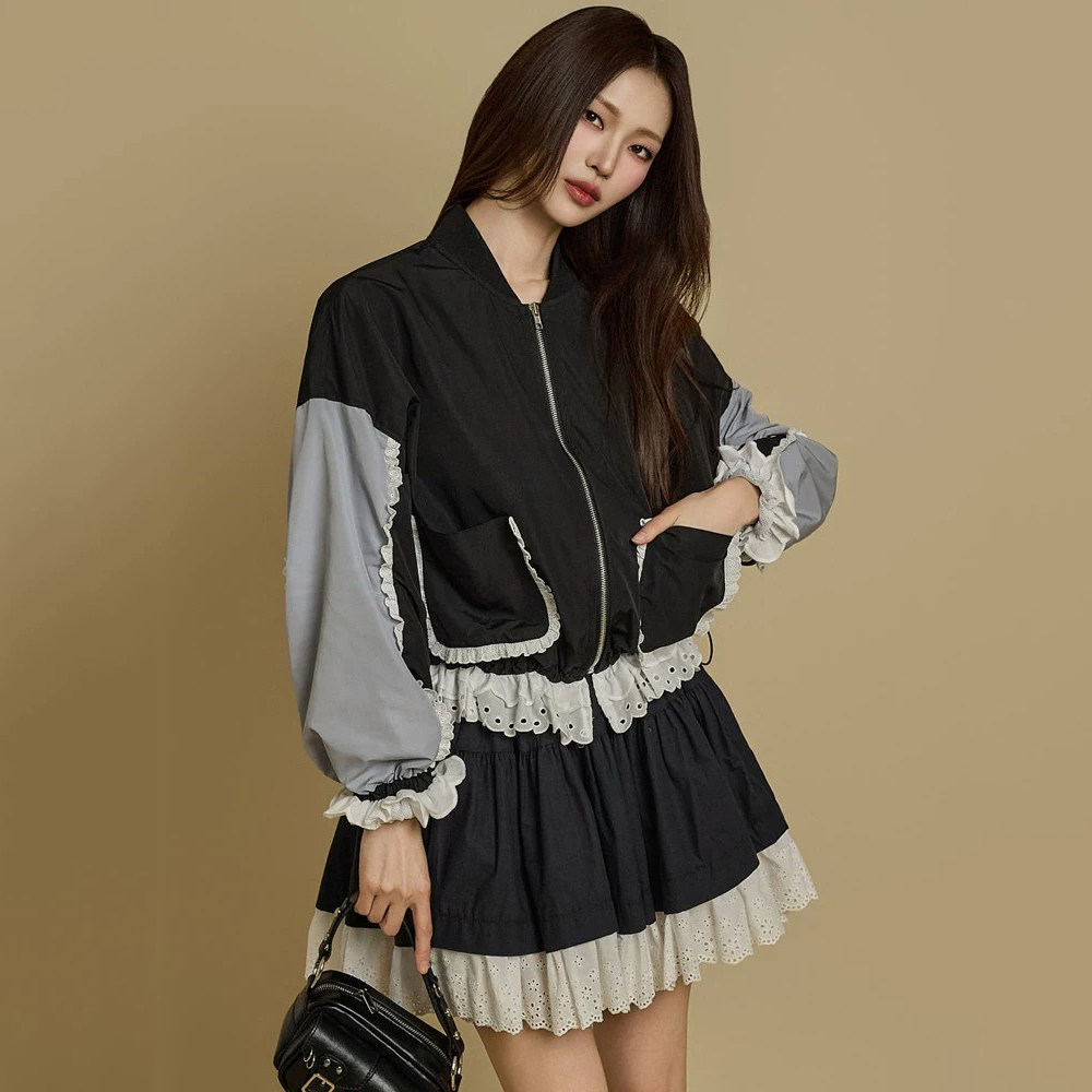 韩国东大门2025花边拉链棒球服夹克外套女+蕾丝拼接半身短裙套装