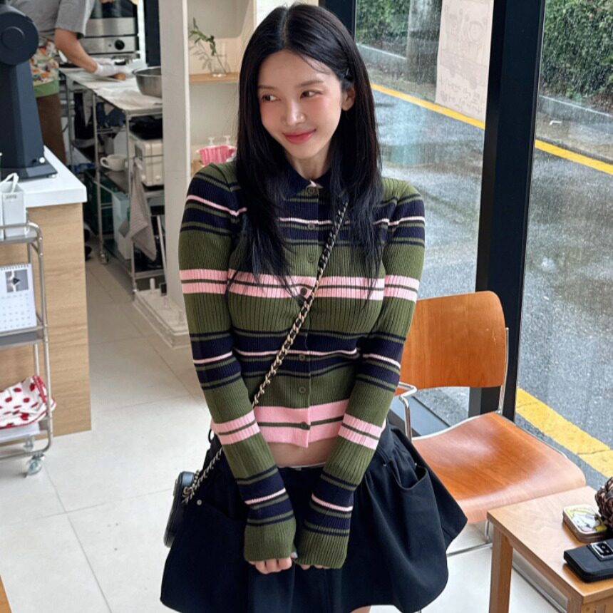 韩国翻领修身撞色条纹毛针织衫女