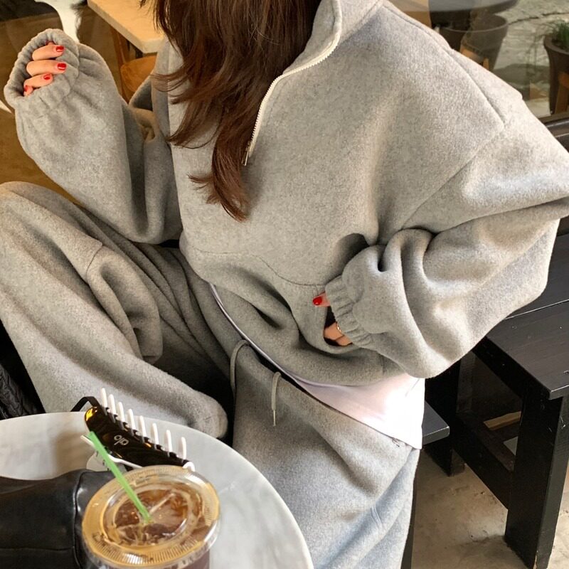 韩国绒面套头卫衣+休闲裤两件套