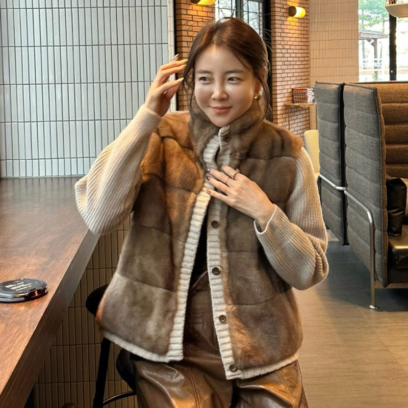 韩国针织拼接仿水貂绒皮草外套女