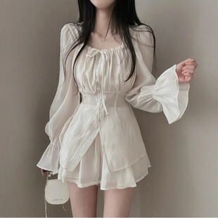 韩国东大门法式荷叶边褶皱喇叭袖防晒衬衫女+高腰半身短裤裙套装