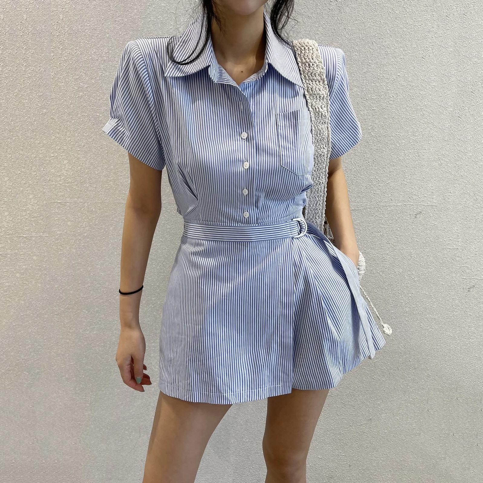 韩国东大门翻领条纹后背镂空短袖假两件系带衬衫连体裤女连衣裤裙