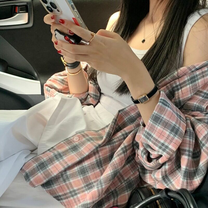 韩国复古翻领格纹长袖衬衫女
