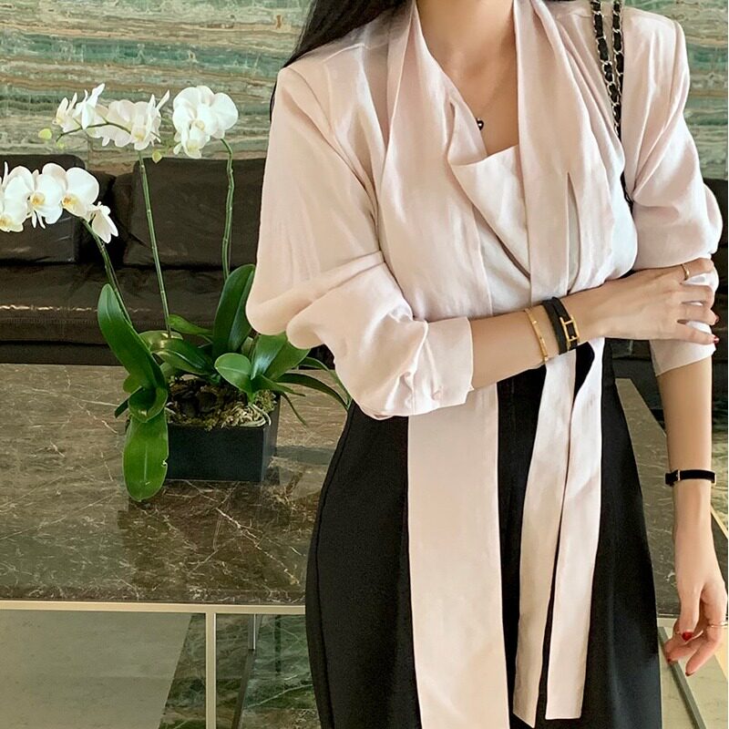 韩国东大门春新款法式简约气质套头宽松长袖配飘带纯色上衣衬衫女