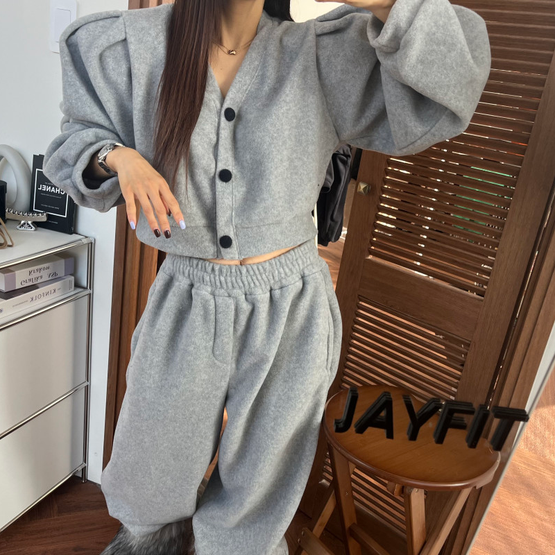 韩国东大门毛绒泡泡袖V领卫衣短外套女+高腰束脚卫裤休闲两件套装,女装/女士精品,休闲运动套装,淘宝优惠券,粉丝福利购,淘宝优惠卷