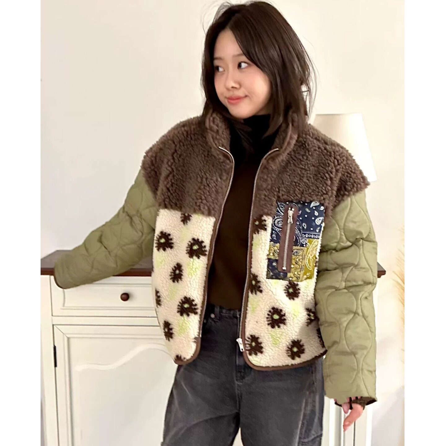 韩国百搭提花撞色羊羔毛棉服外套