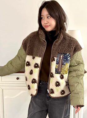 韩国百搭提花撞色羊羔毛棉服外套