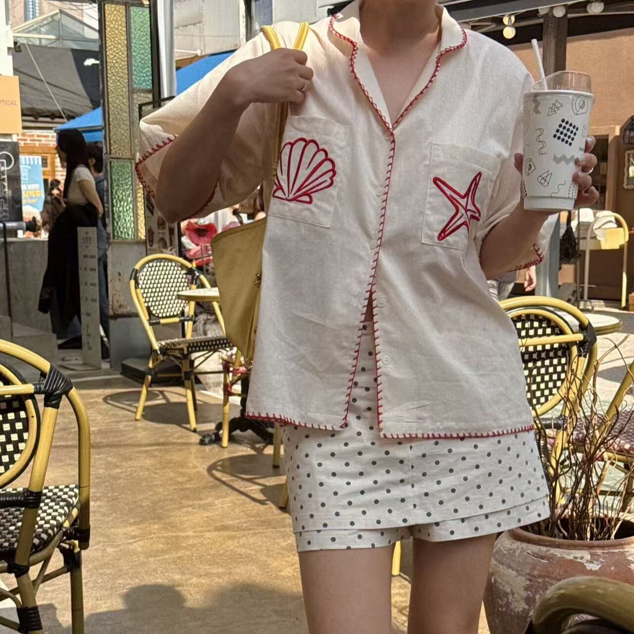 韩国翻领贝壳海星刺绣棉麻衬衫女