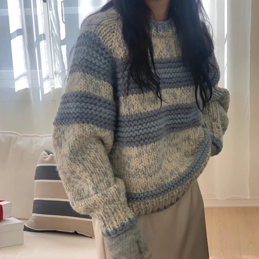 韩国甜美条纹宽松套头粗线毛衣女
