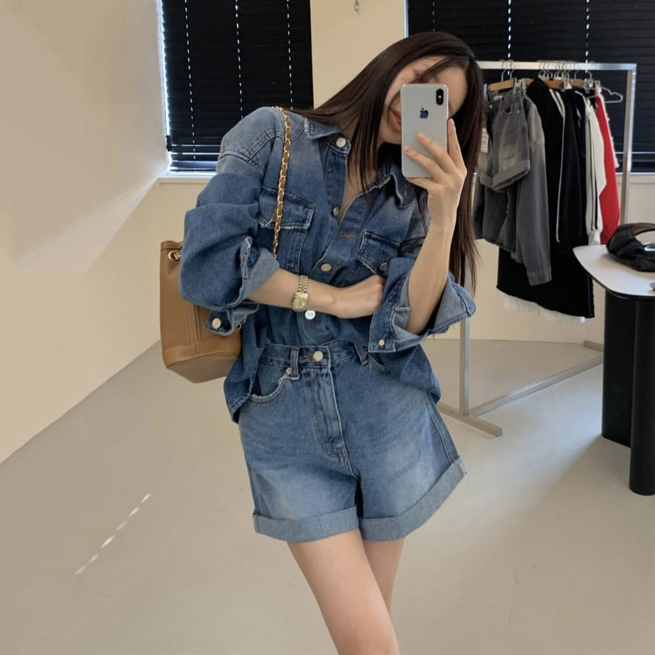 韩国东大门新款复古单排扣牛仔衬衫外套+高腰卷边短裤两件套装女