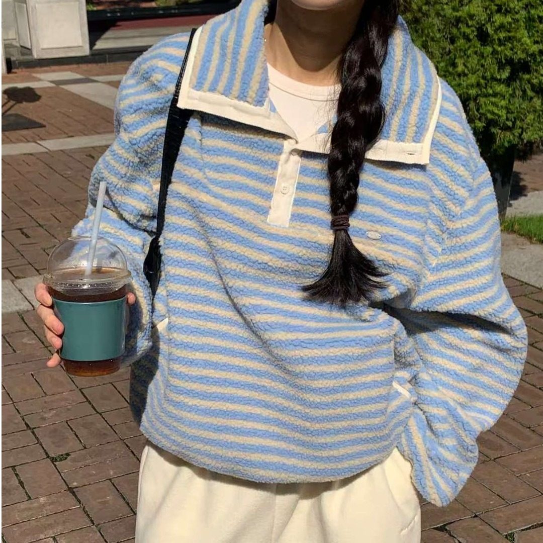 韩国东大门百搭翻领条纹宽松休闲毛绒摇粒绒保暖套头女款卫衣外套,女装/女士精品,卫衣/绒衫,淘宝优惠券,粉丝福利购,淘宝优惠卷