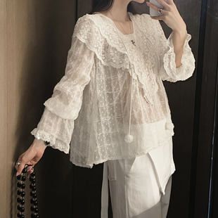 韩国东大门法式甜美蕾丝刺绣花边雪纺衫宽松喇叭袖荷叶边衬衫女春