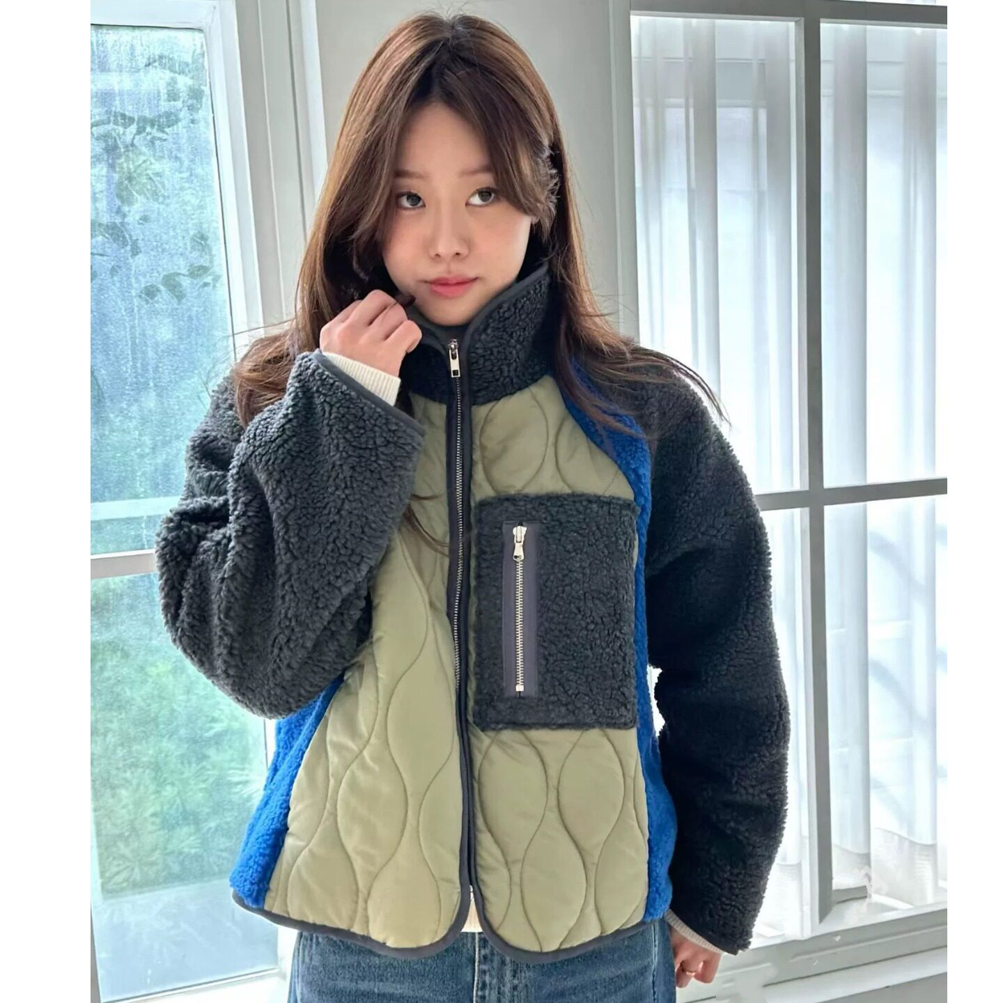 韩国立领撞色拼接羊羔毛棉服外套