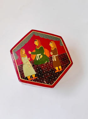 vintage印度盒子手绘六边形首饰盒装饰摆件收藏艺术品