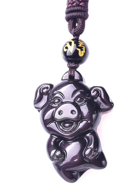 天然黑曜石可爱猪手工立体吊坠