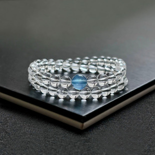 天然白水晶手链 2圈白水晶手串 天然海蓝宝手链 白水晶配海蓝宝